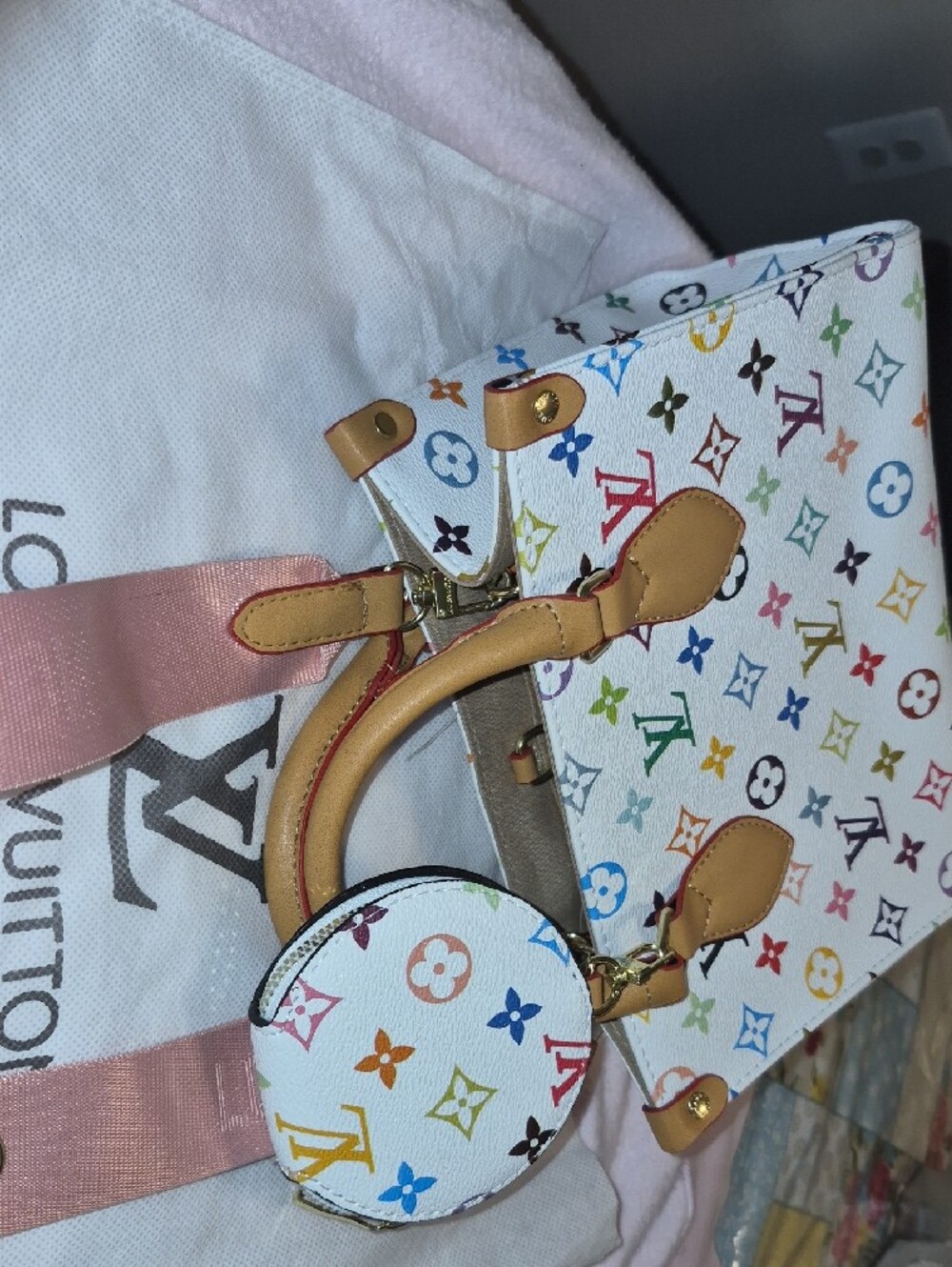 Louis Vuitton White Multicolor Monogram Satchel with Pink Strap - Picture 6 of 8